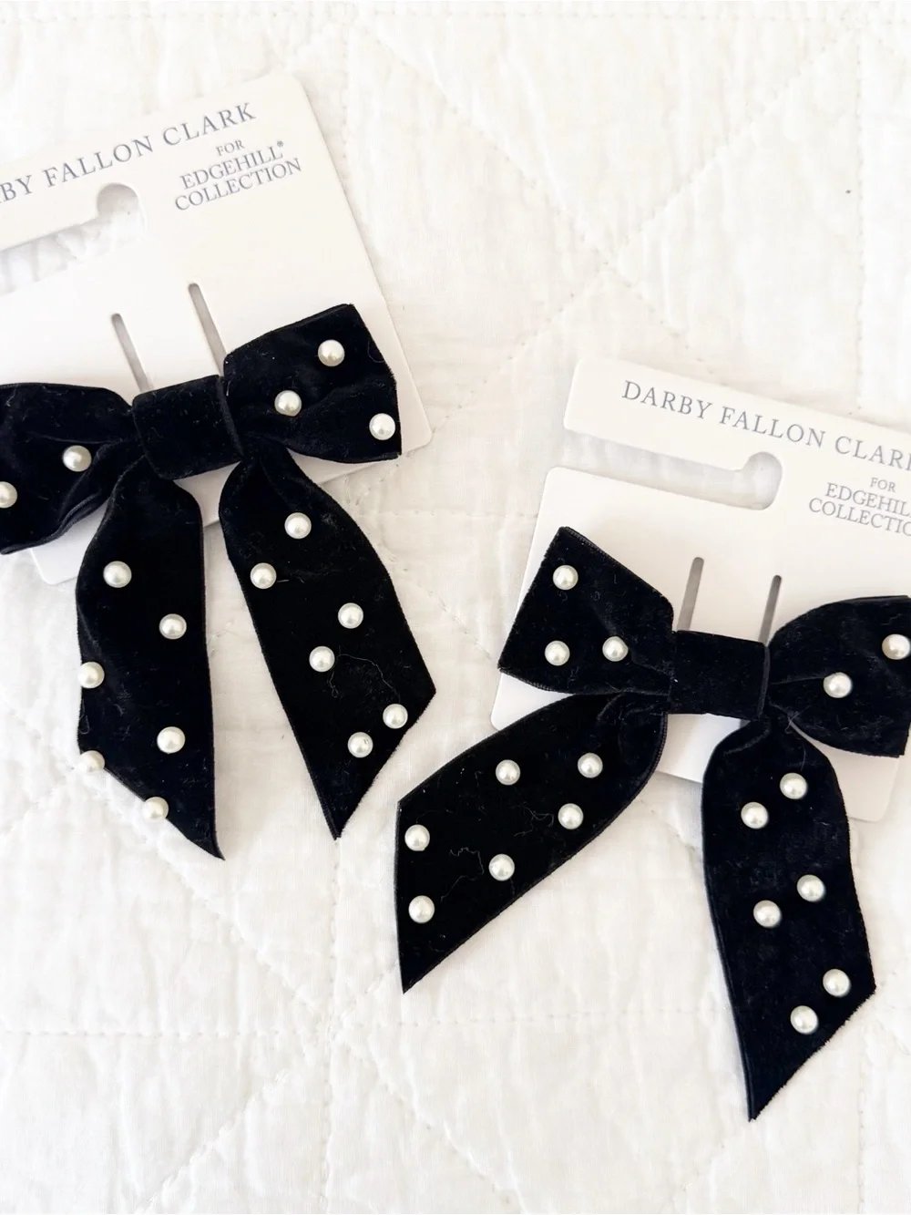 NEW Darby Fallon Clark for Edgehill Collection Black Velvet Pearl Bow Clips
